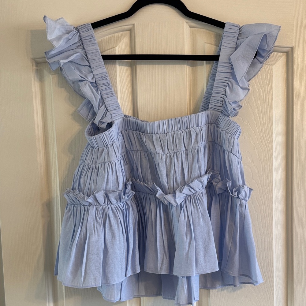 Elegant Light Blue Ruffled Blouse - Picture 4 of 4